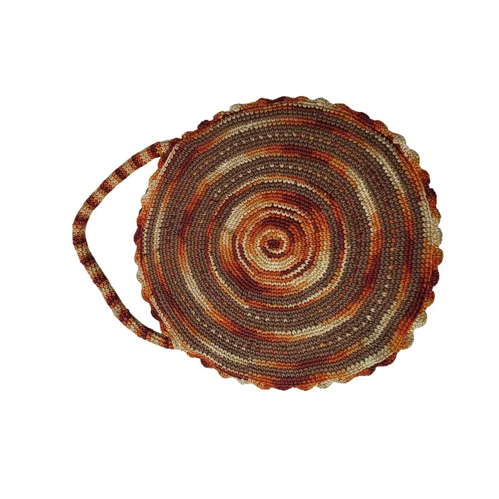 Vintage Handmade Crochet Circle Bag Orange Brown Spiral Round Tote Boho Lined G1